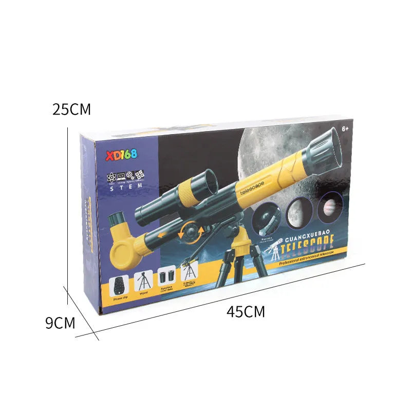 White and yellow plastic 150X kids astronomical telescope on a tripod.