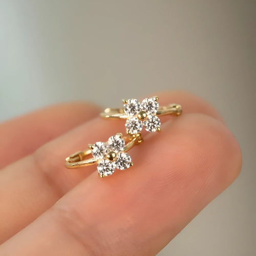 925 silver four-leaf clover zircon buckle earrings for women, gold colour, petal design