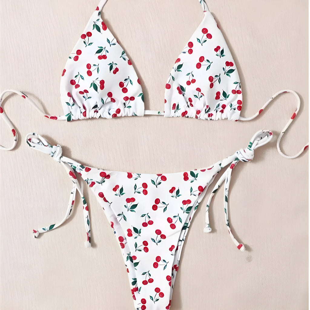 Women's split halter bikini set with backless design in briefs style and solid colour