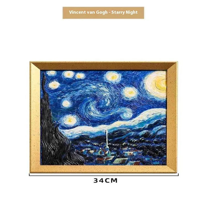 DIY paint-by-numbers kit showing canvas, acrylic paint pots, and brushes for recreating Van Gogh's Starry Night.