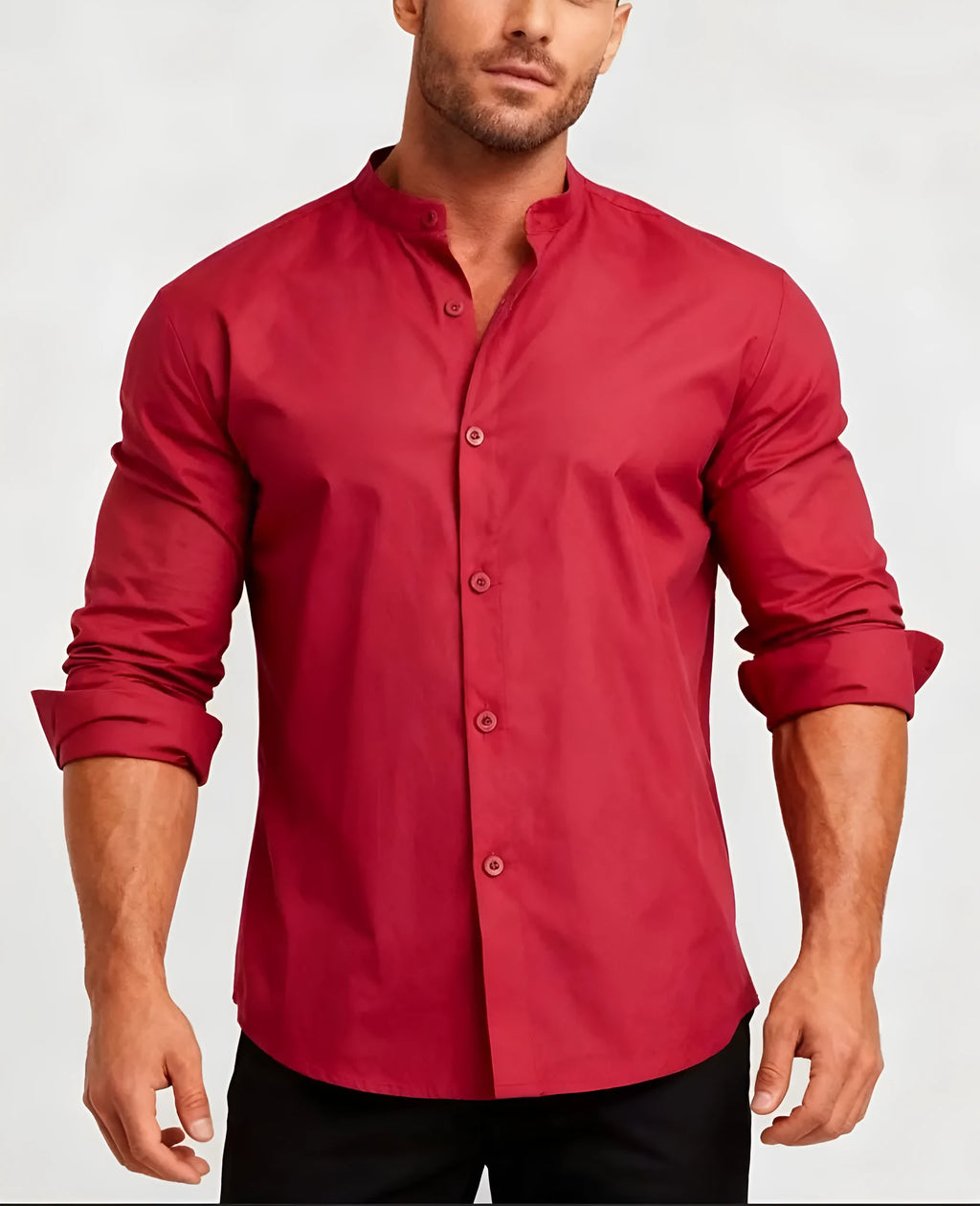 Red stand-up collar Chinese-style casual shirt for teenage men, front view