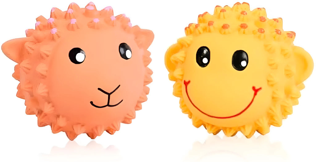 Orange and yellow spiky squeaky latex dog toy for small medium breeds.