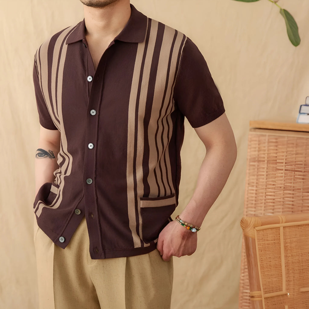 Short-sleeved striped knit polo cardigan with a lapel collar in a light blue colour.
