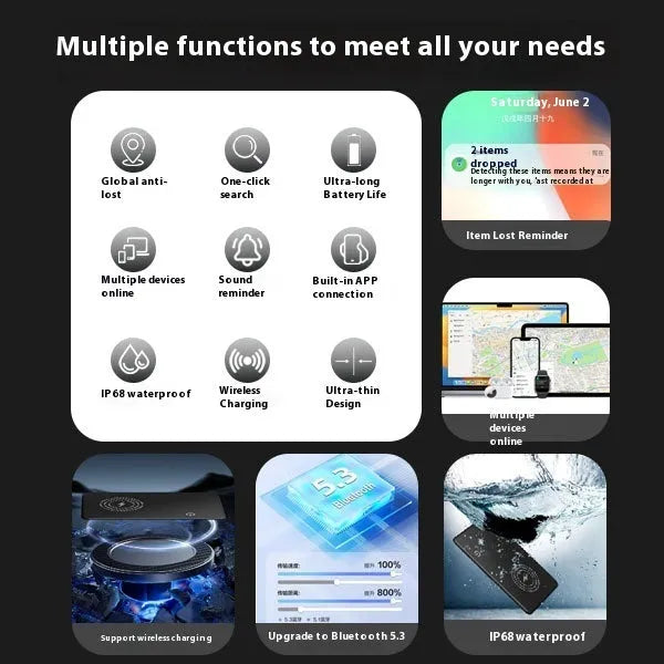 MFI AirTag compatible anti-lost tracking card with keychain attachment measuring 84x52x1.5mm