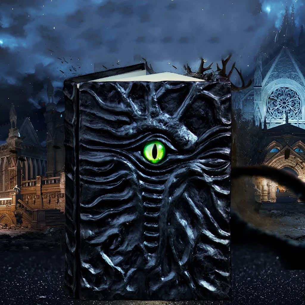 Cthulhu demon eye hand ledger notebook with embossed magic retro tent design on dark kraft paper cover, A6 size