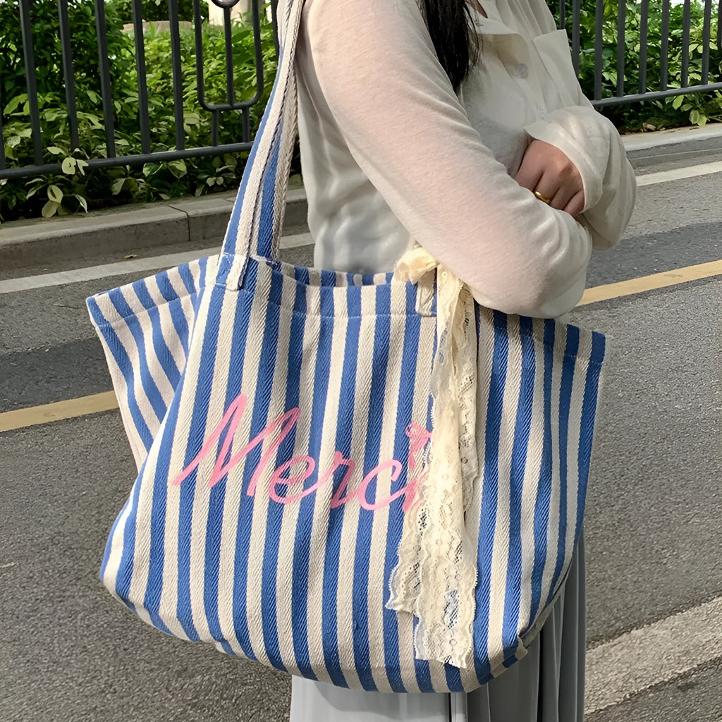Blue striped letters printed cotton canvas bag with pink blue white stripes