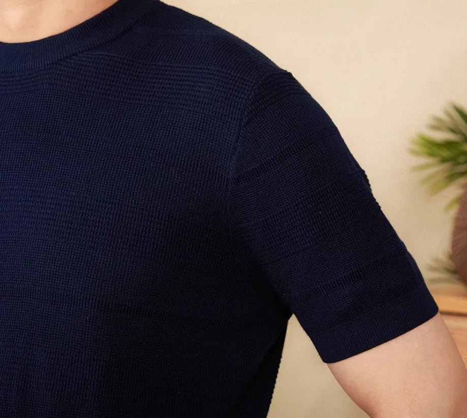 Men's casual cotton short sleeve t-shirt in off-white and royal blue colours showing round neck design