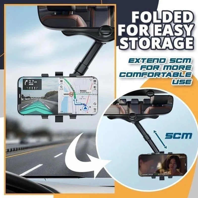 Black rearview mirror phone holder with 360° rotation and telescopic arm extended