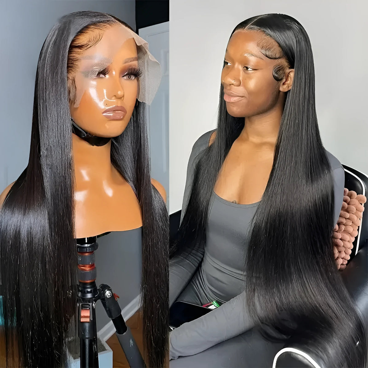 Front lace mid-length straight wig with side bangs in high-temperature fibre, shown in wine red colour.