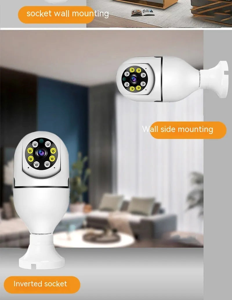 White wireless wifi bulb security camera with lens, showing 5cm diameter and 12cm height.