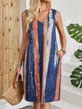Casual striped colour block V-neck sleeveless dress on a hanger.