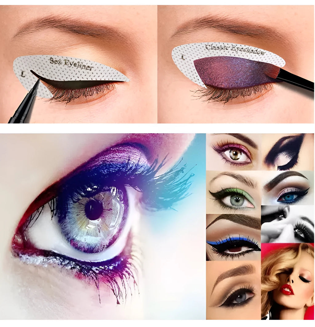 Set of four clear, flexible eyeliner and eyeshadow makeup stencil templates on a pink background.