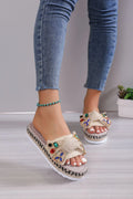 Creamy-white women's cloth platform sandals with a beach bow and round toe holder.