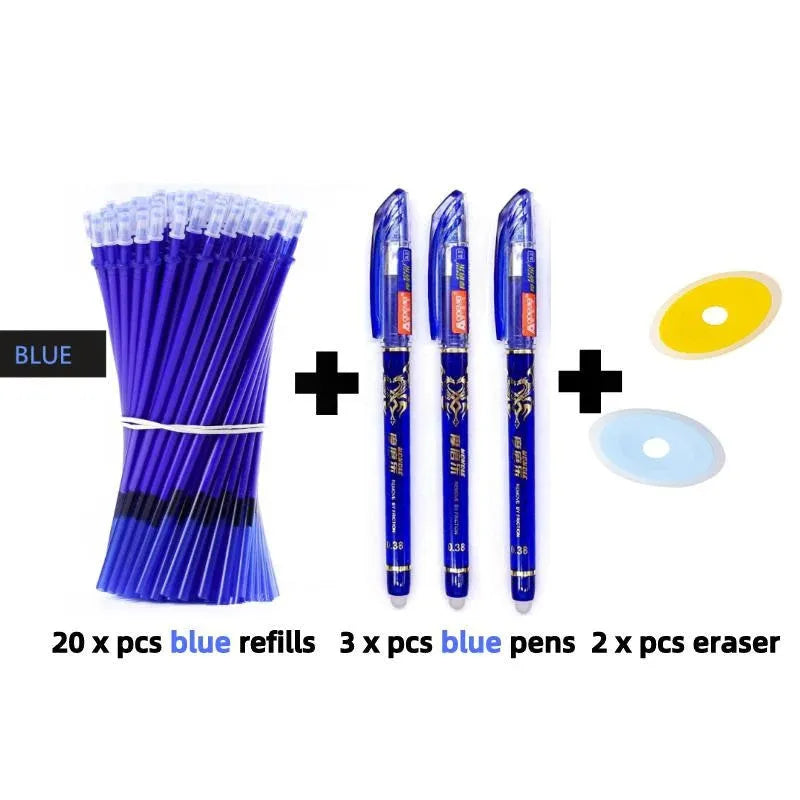 0.5mm erasable pen set with needle tip, refills and caps in black, blue and red colours