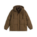 Loose thick polyester cotton-padded jacket in light blue on a hanger showing side seam pockets.