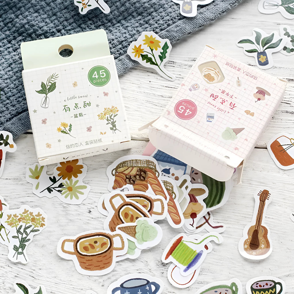 Cute cartoon stickers 45-piece boxed set with 15 patterns in 43x43mm size for scrapbooking and journaling