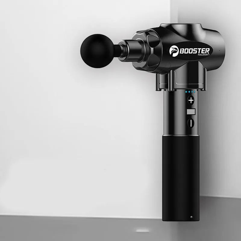 Black and white cordless massage gun with adjustable speed settings for muscle relaxation.