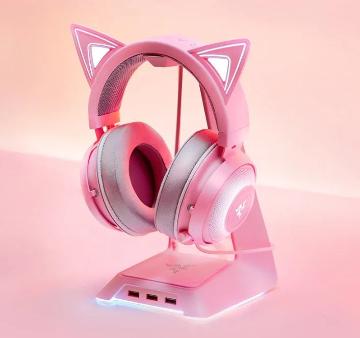 Pink glowing cat earphones USB wired headphones with illuminated cat ears on headband