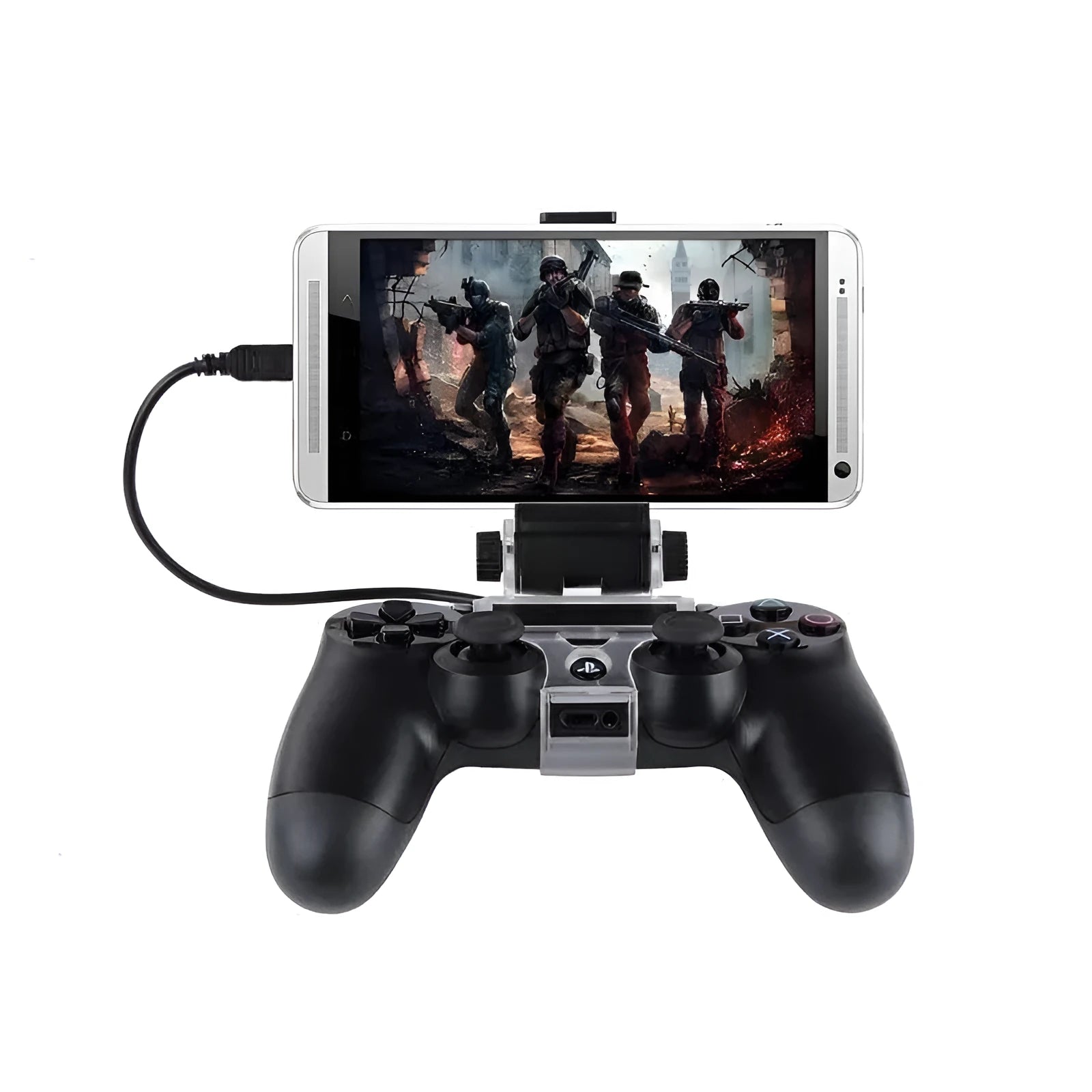 Black PS4 controller clip attached to a DualShock 4 holding an Android smartphone with connected OTG cable