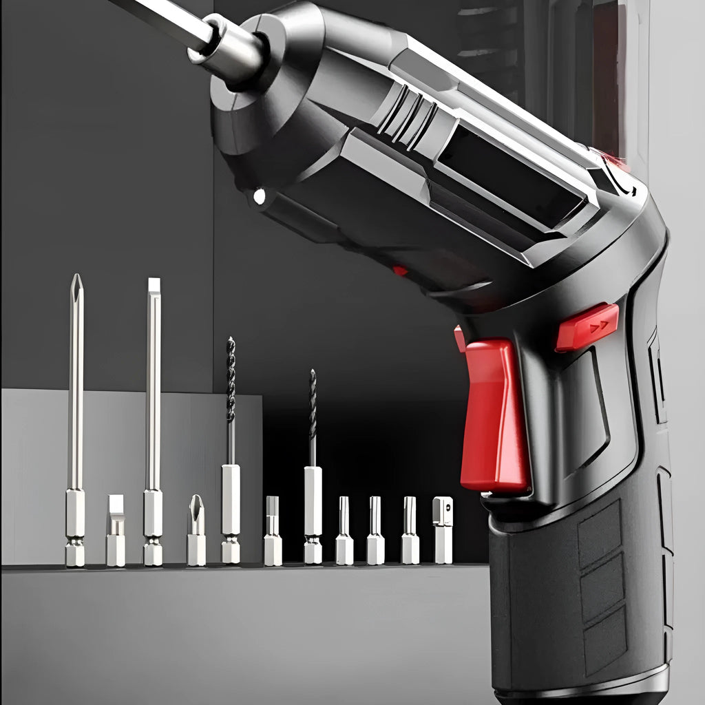 Compact lithium electric screwdriver gun with a utility carry bag on a workbench.