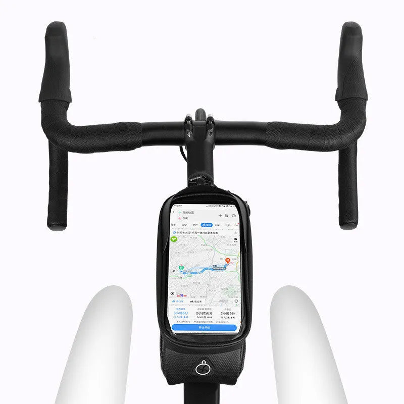 Black and grey mountain bike frame bag with reflective strips mounted on bicycle, showing touch-screen phone panel and adjustable straps