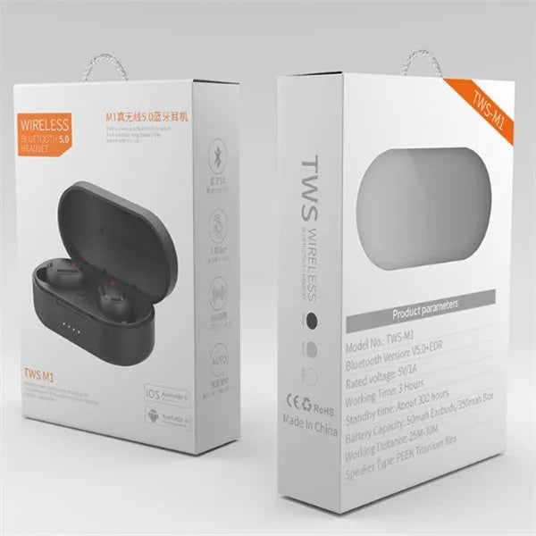 M1 Bluetooth wireless headset with black earbuds showing bilateral stereo design