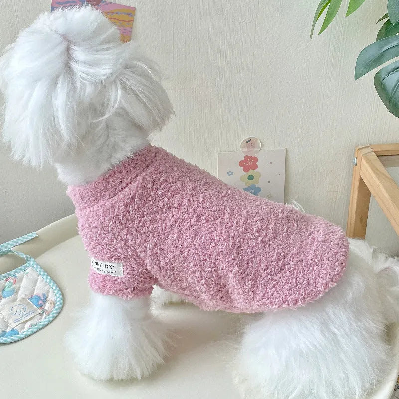 Double-sided cloud velvet pet clothes for small dogs or cats in various colours and sizes.