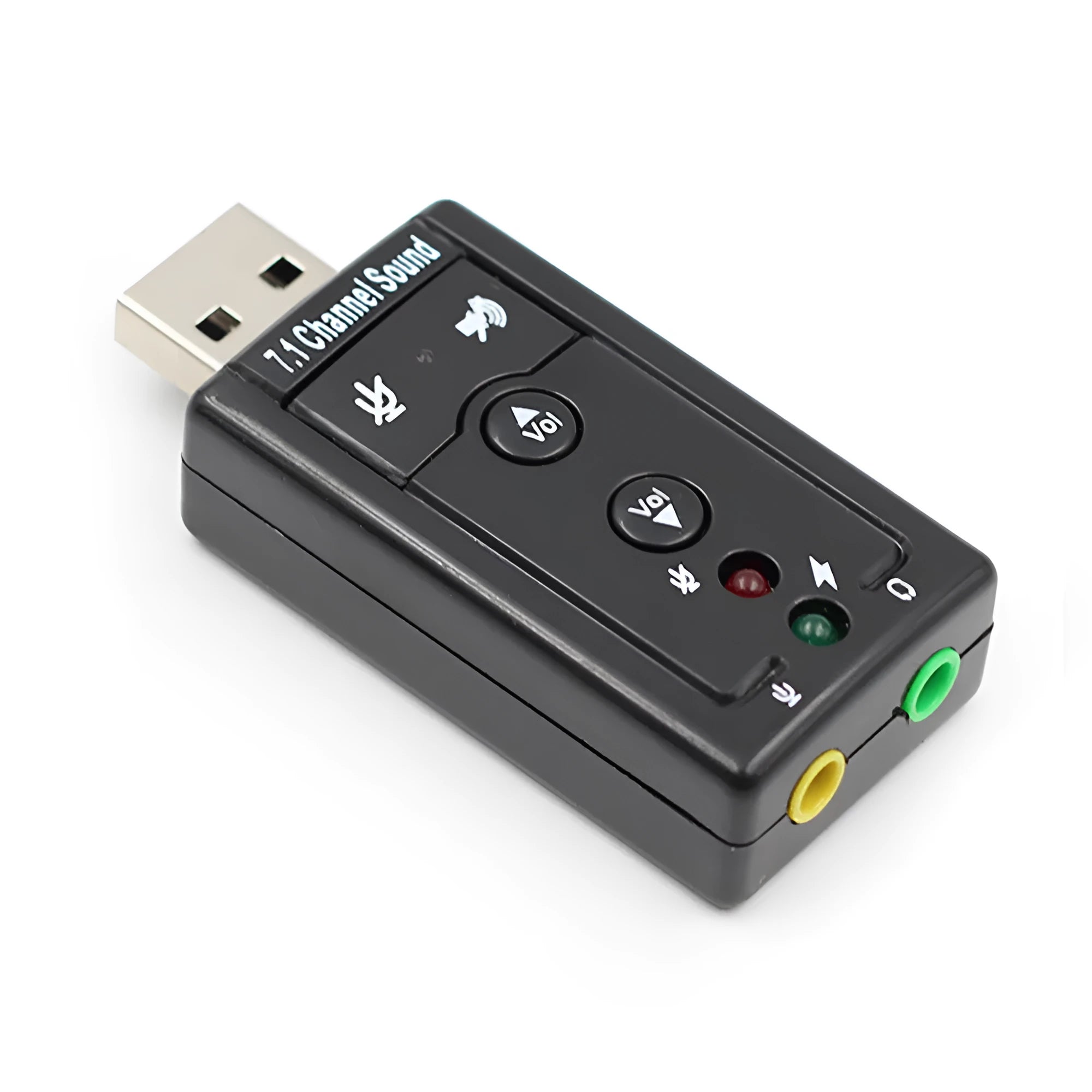 Black external USB sound card with 3.5mm headphone and mic jacks connected to a laptop
