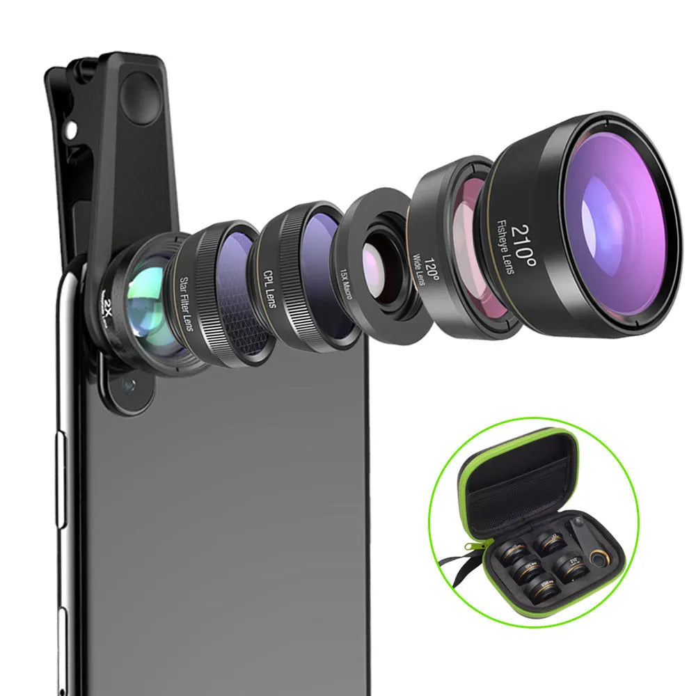 Black 6-in-1 smartphone camera lens kit with fisheye, wide-angle, telephoto, CPL, and star filter lenses and a universal clip.