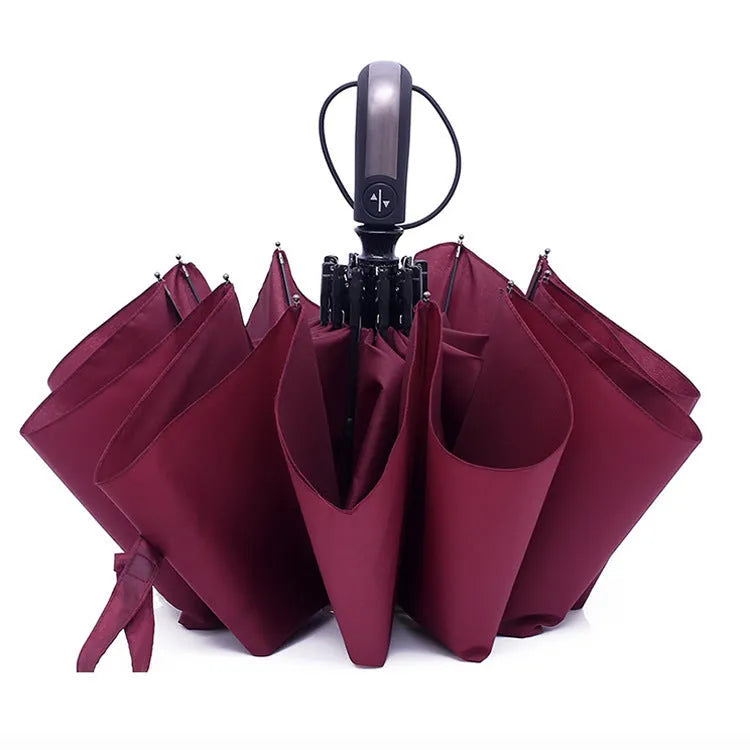 Triple folding automatic open sun-shade umbrella in black, navy, or wine red with a steel frame and rubber handle.