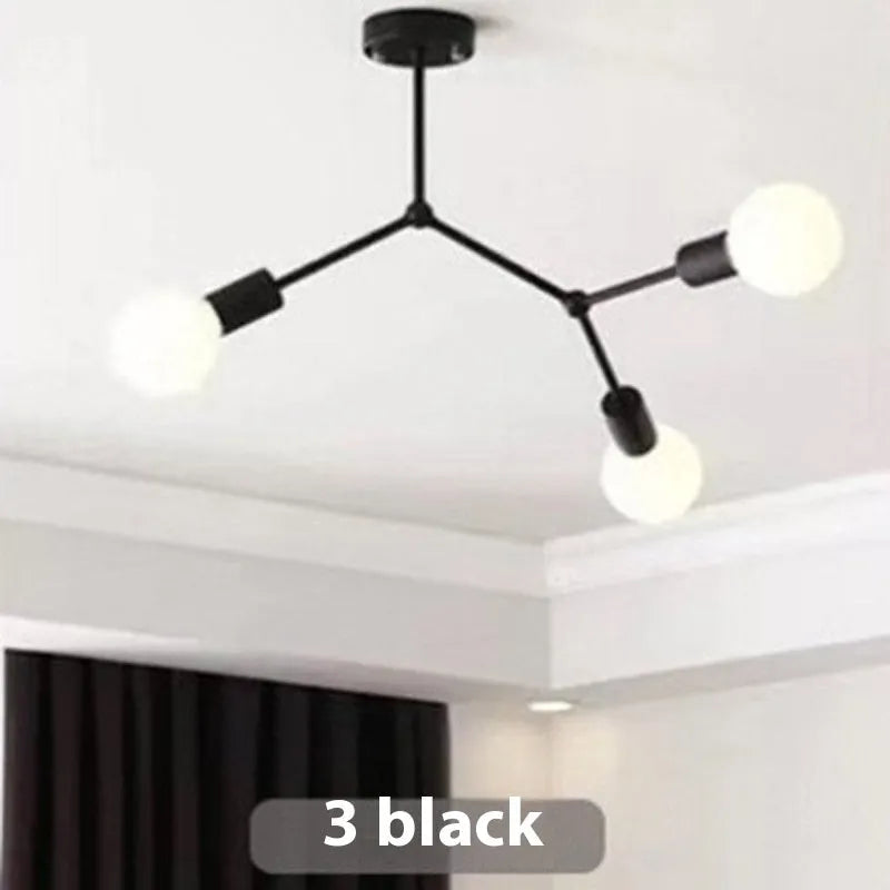 Nordic style black iron chandelier with multiple lights hanging from a ceiling
