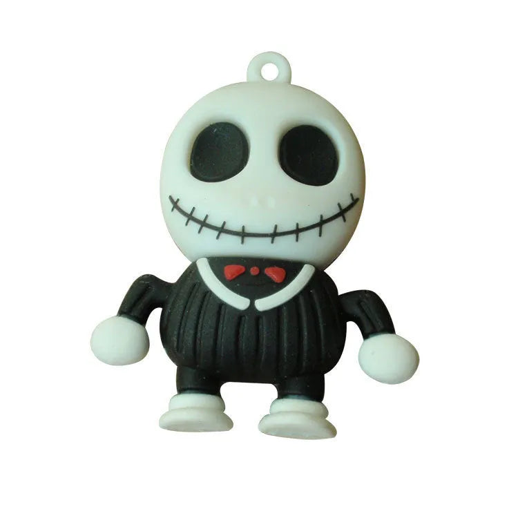 Halloween skeleton skull shaped USB flash drive with cartoon features and attached keychain