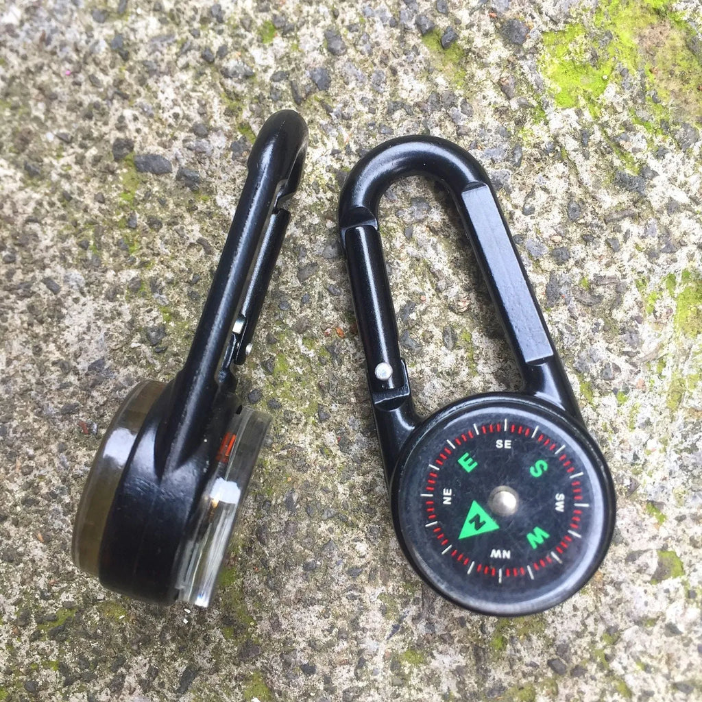 Zinc alloy double-sided climbing carabiner with integrated thermometer and compass in black, army green, and rose gold colours