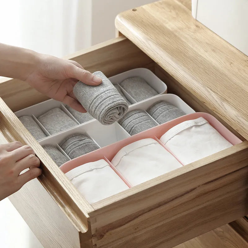 Plastic socks and underwear organiser with grid compartments in multiple colours for desktop or drawer storage