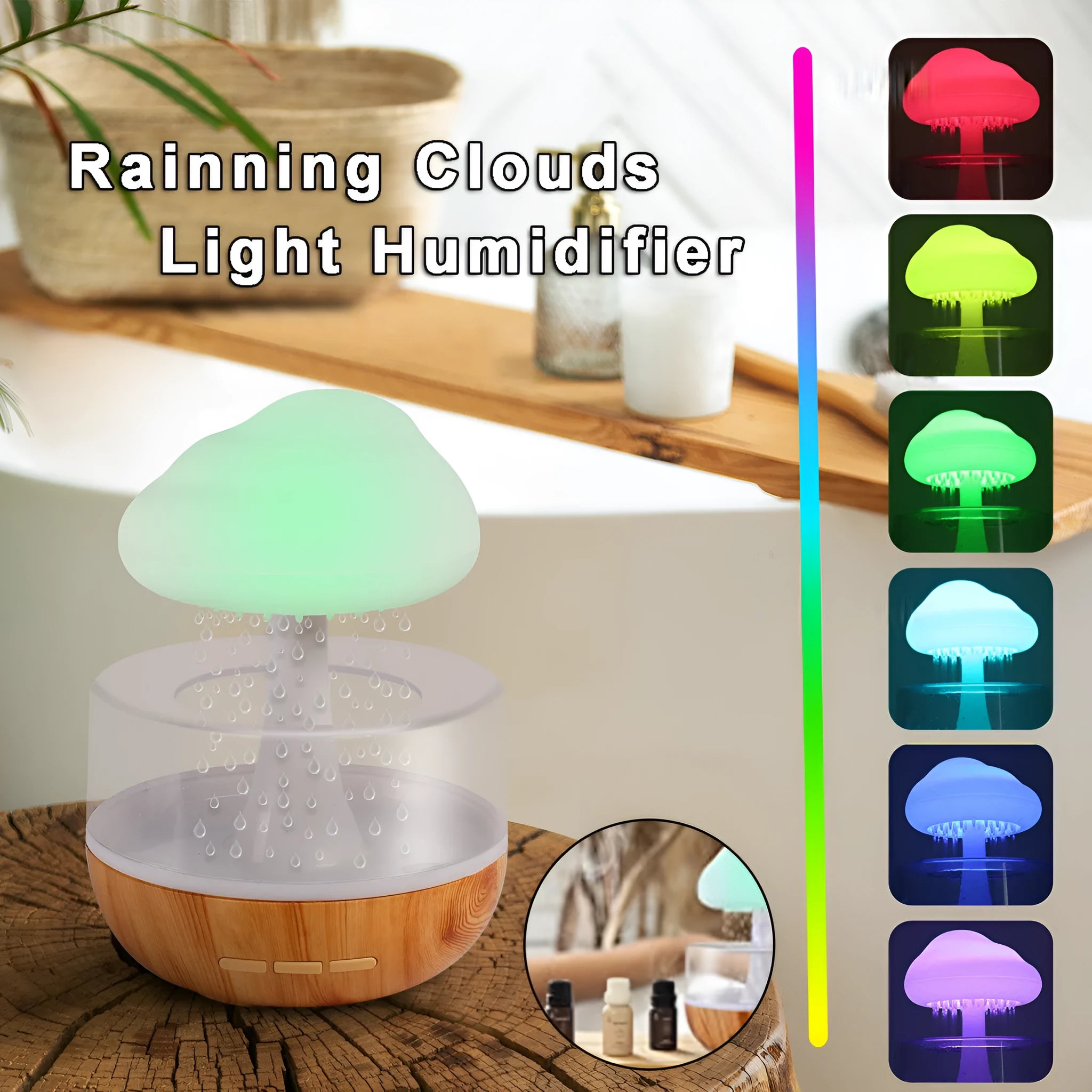 White USB humidifier with aromatherapy diffuser and colour-changing night light on desk