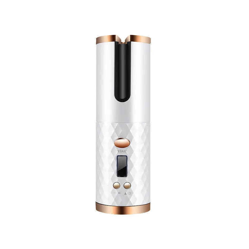 Rechargeable cordless automatic hair curler with LCD display showing temperature settings on ceramic barrel