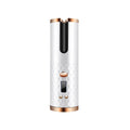Rechargeable cordless automatic hair curler with LCD display showing temperature settings on ceramic barrel