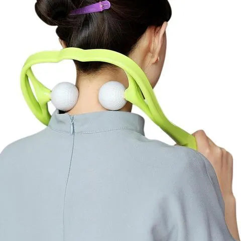Blue plastic manual neck massager with adjustable stand and 3D floating-point rollers on a white background.