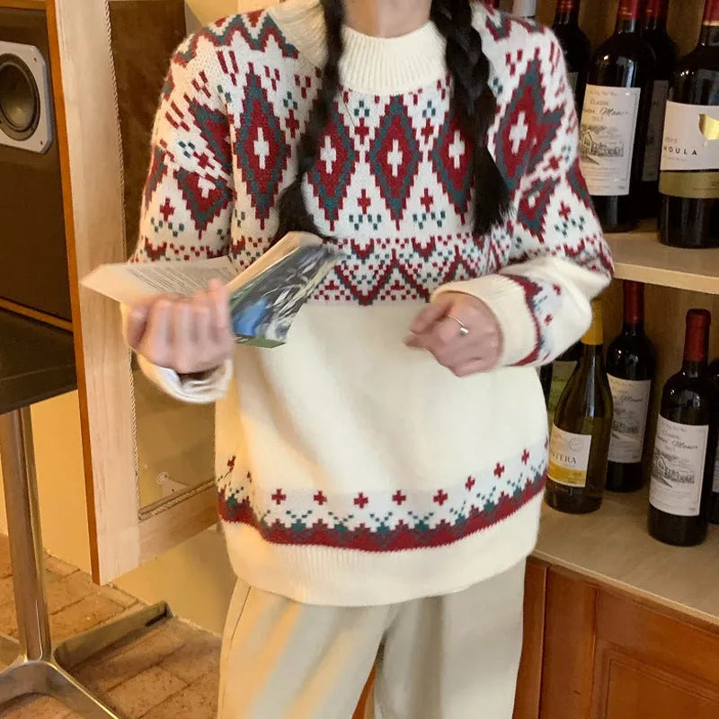 Loose retro striped pullover knitted top in red or white with long sleeves