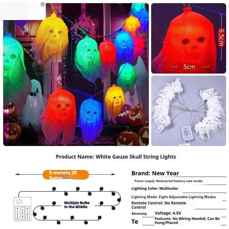 Battery-powered Halloween coloured LED string lights for indoor wall decoration.