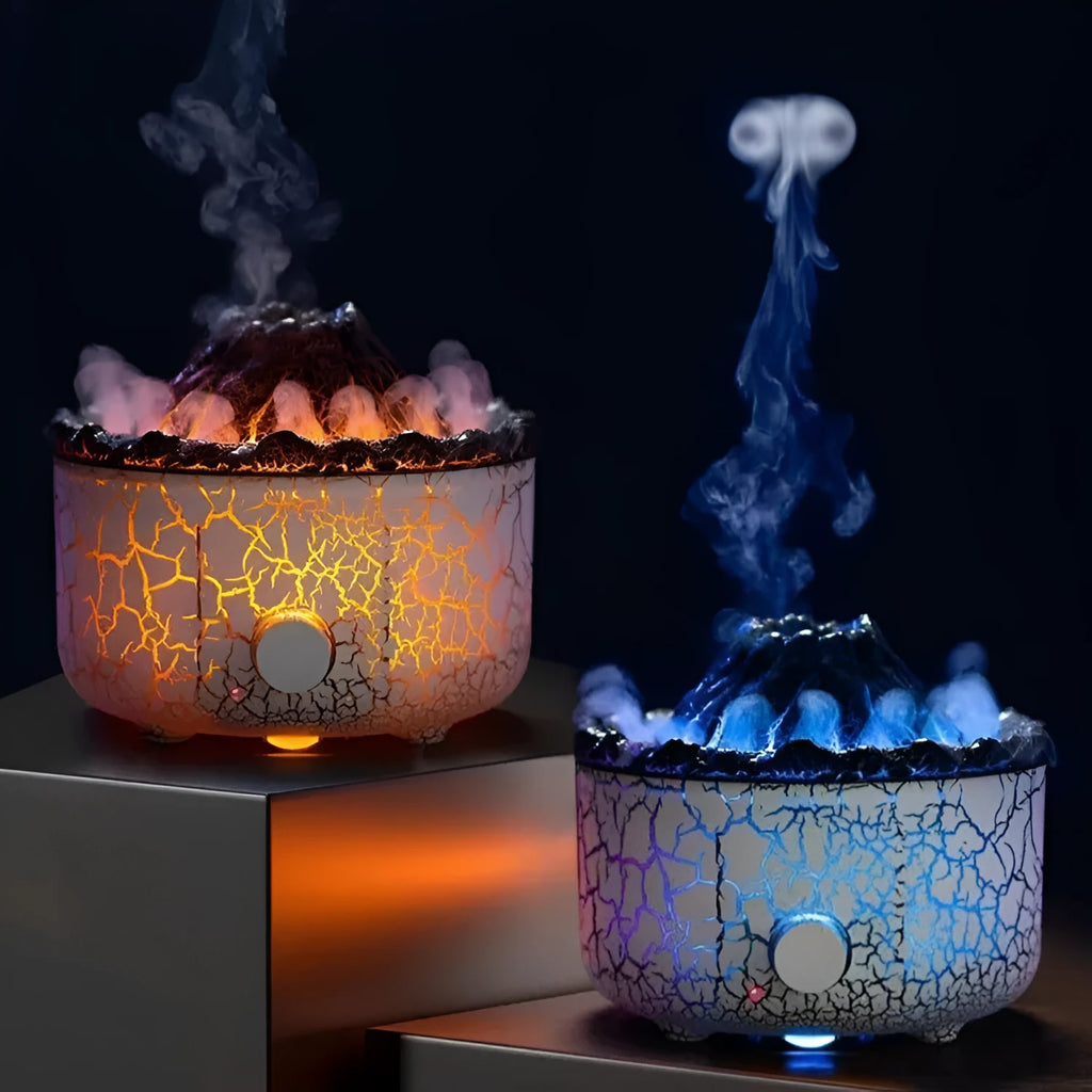 Column-shaped volcano humidifier diffuser emitting mist with red and orange LED flame effect