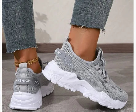 Women's Flyknit mesh sports casual shoes in multiple colours with flat heel and lace-up closure