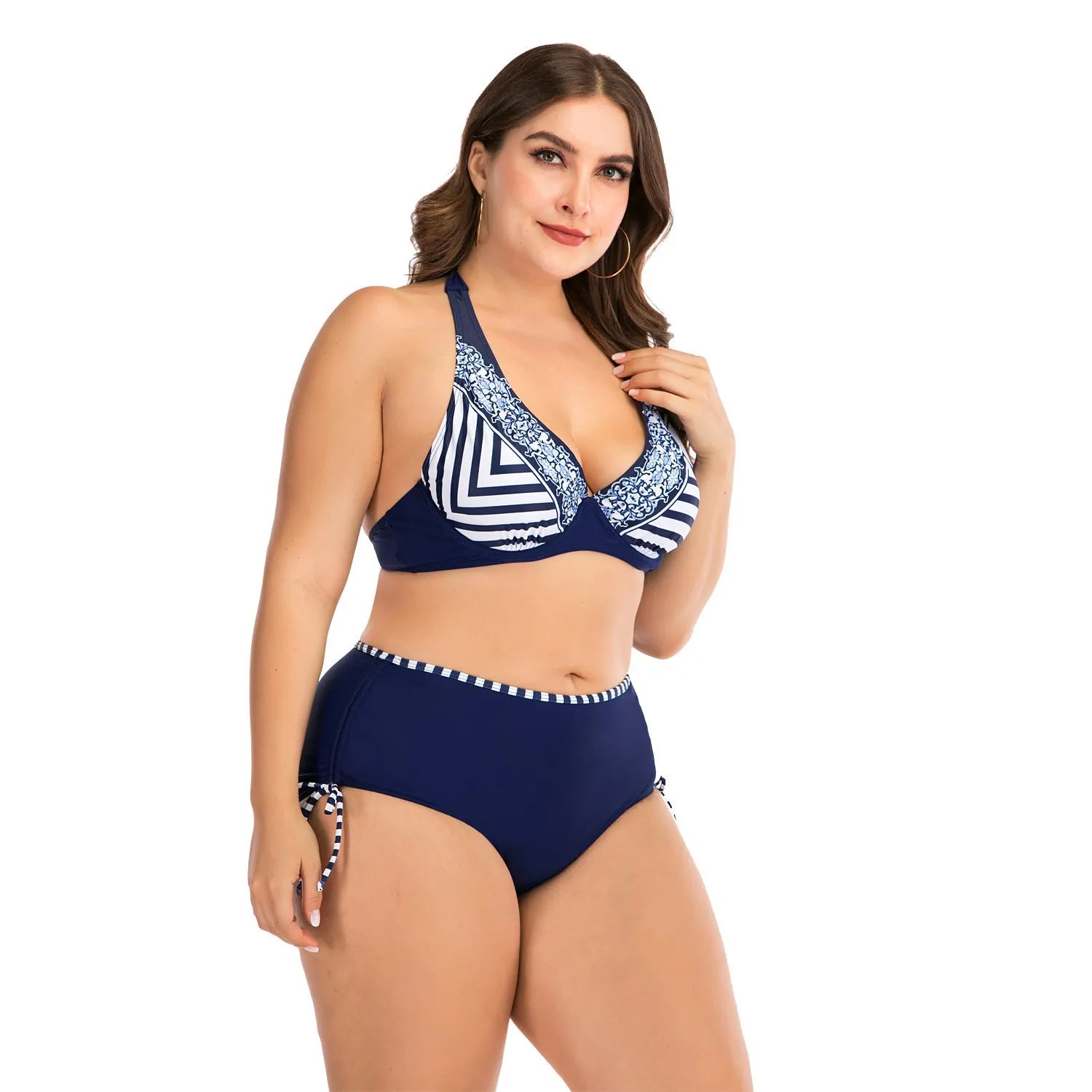 Plus size dark blue stripe bikini with high-elasticity nylon fabric and widening thickened straps