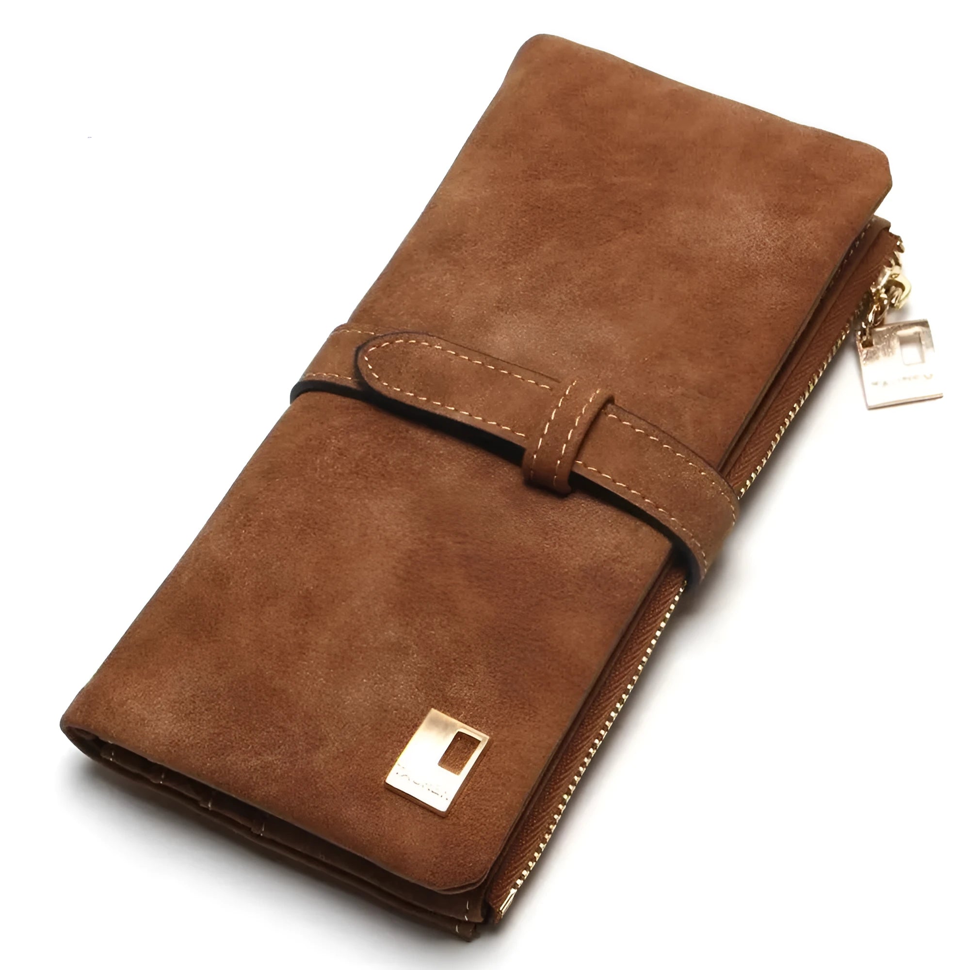 Vertical long ladies wallet in soft PU leather with a zip closure and decorative lock, showing interior card slots and compartments.