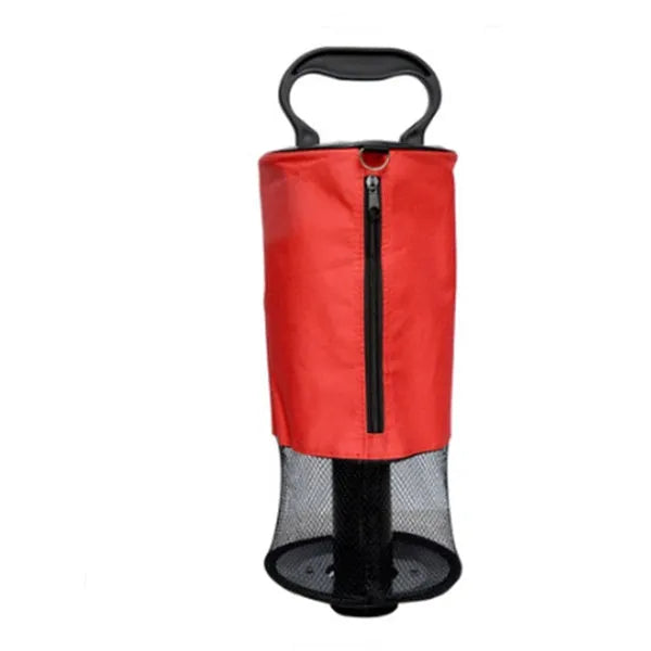 Red detachable portable ball retriever with large nylon zipper bag and plastic handle for golf outdoors