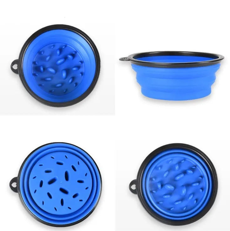 Foldable pet slow food bowl in blue with collar buckle on outdoor grass