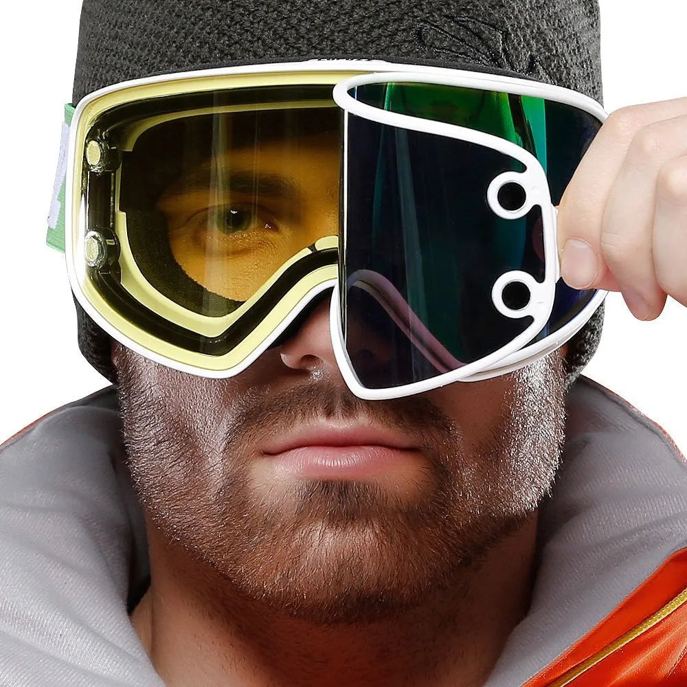 Magnet myopia night vision ski goggles in white frame with blue tablet, double-layer anti-fog PC+TPU design