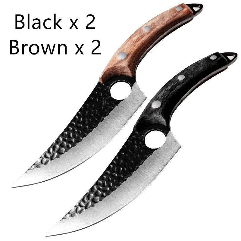 Scimitar-style butcher knife with hammer pattern blade and brown leather sheath.
