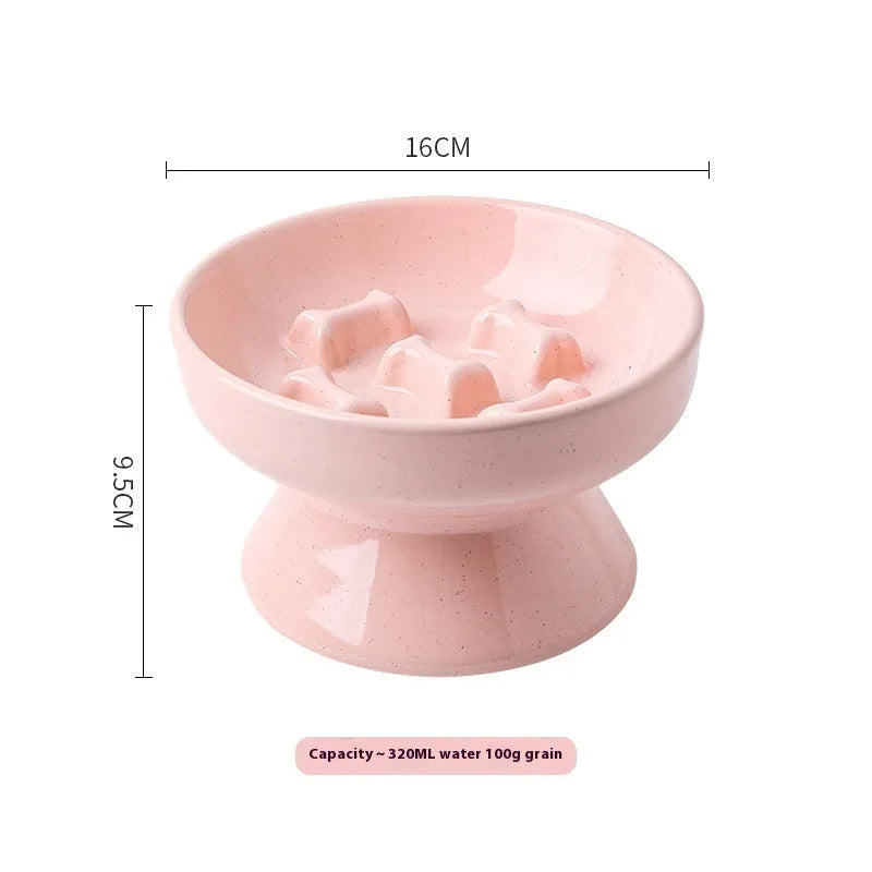 Anti-tumble large diameter ceramic pet bowl for cats in beige, side view