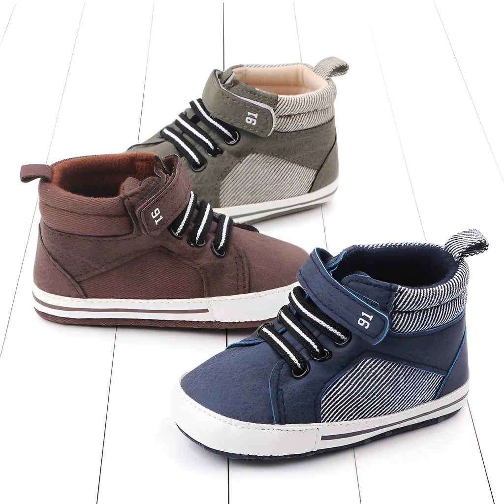 Blue high top cotton toddler shoes with Velcro strap for boys